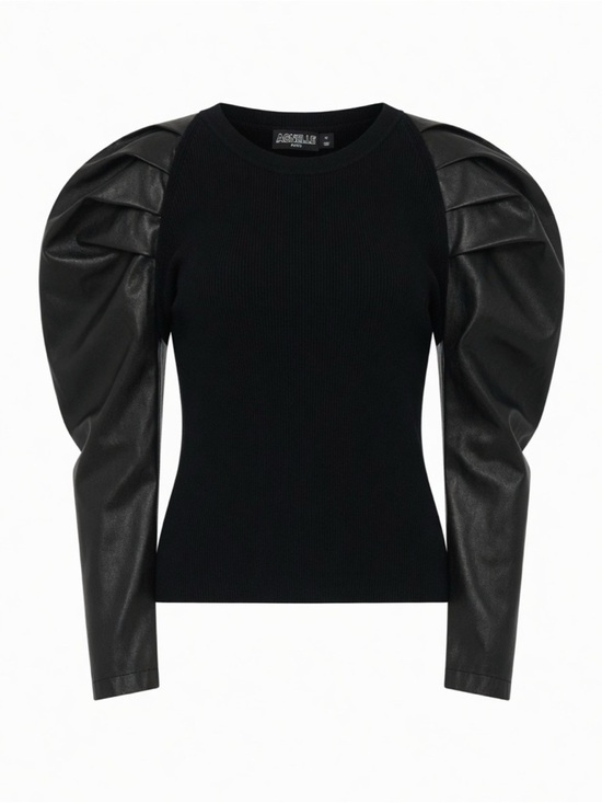 7Th Avenue Design Studio Tops - Black Puff-Sleeve Sweater Top with Faux Leather Sleeves